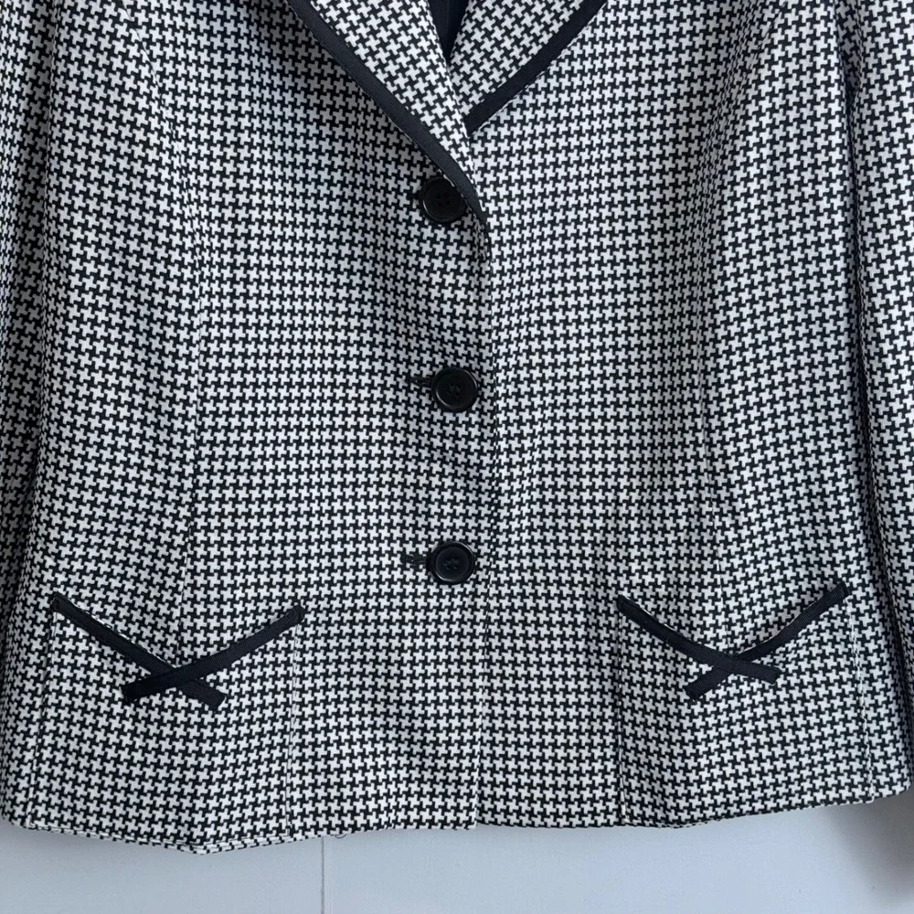 Ms. Tracy Tracy Evans Houndstooth Blazer Black White Trim Bows Size 18 Pockets